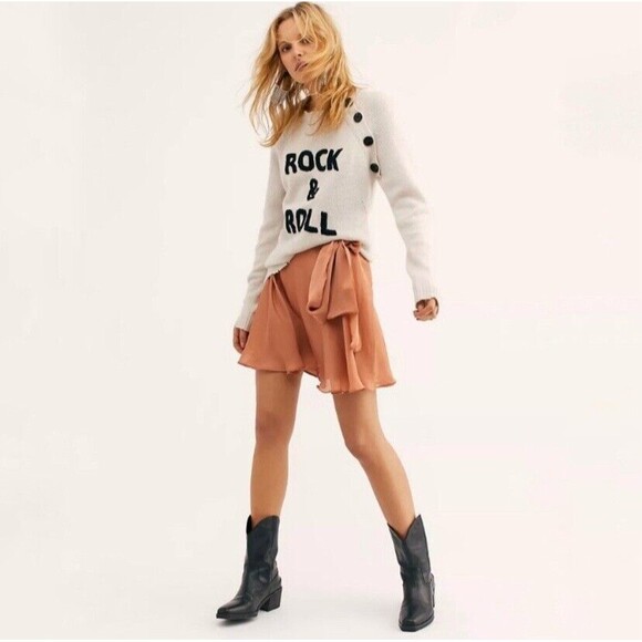 FREE PEOPLE x KAS NEW YORK CHIFFON SKATER MINI SKIRT SIZE S Copper Champaign Bow - Picture 3 of 13